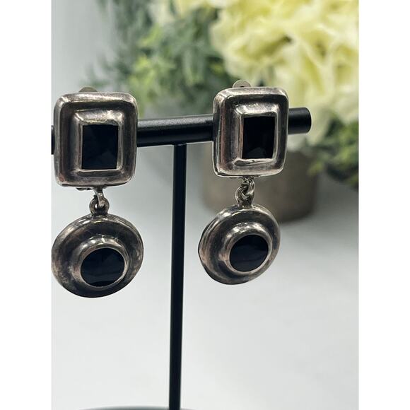 MEXICO Stamped Sterling Vintage 925 Silver Dangle Inlay Black Onyx Clip
Earrings - Picture 10 of 10